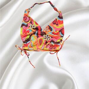 Garage Multicolor 70s Halter Tank Top with Ruched Tie Sides